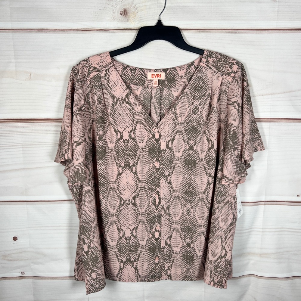 EVRI V-Neck Blouse Womens 3X Pink Snakeskin Flutter Sleeve Button Front Top